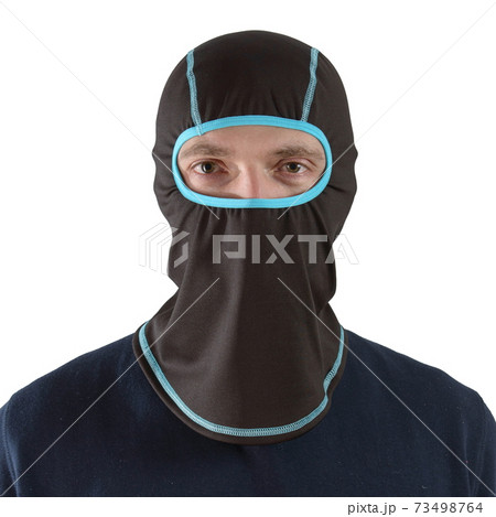 brunette man in a blue shirt with a black balaclava with blue edging 73498764