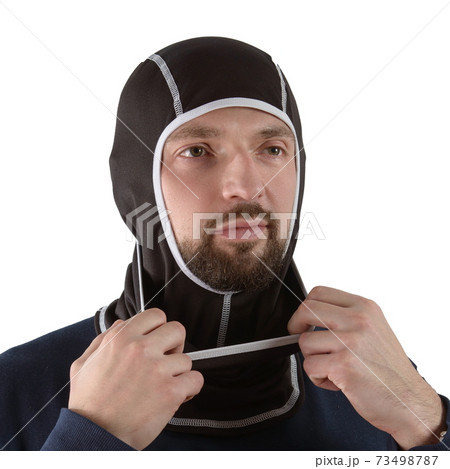 brunette man in a blue shirt with a black balaclava with gray edging brunette man in a blue shirt with a black balaclava with gray edging 73498787