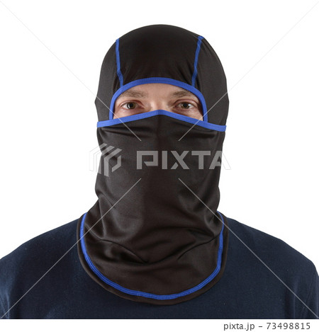 brunette man in a blue shirt with a black balaclava with dark blue edging 73498815