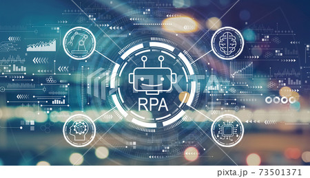Robotic Process Automation theme with blurred city lights Robotic Process Automation theme with blurred city lights 73501371