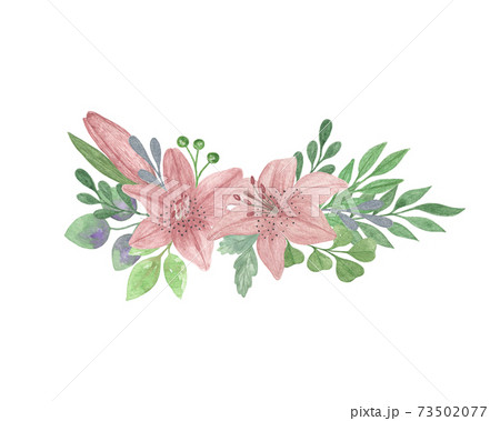 Pink lily flower green leaf decorative floral arrangement hand drawn vintage style watercolor illustration perfect for greeting card, banner, wedding invitation accessories, Easter, Mother's day decor Pink lily flower green leaf decorative floral arrangement hand drawn vintage style watercolor illustration perfect for greeting card, banner, wedding invitation accessories, Easter, Mother's day decor 73502077