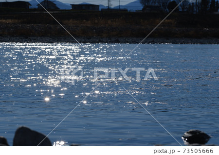光輝く川の水面 73505666