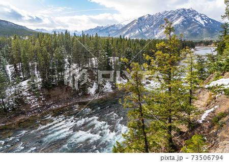 Bow River and Bow Falls in snowy autumn sunny day. View from Surprise Corner Viewpoint, Mount Norquay in the background. Banff National Park, Canadian Rockies. Bow River and Bow Falls in snowy autumn sunny day. View from Surprise Corner Viewpoint, Mount Norquay in the background. Banff National Park, Canadian Rockies. 73506794