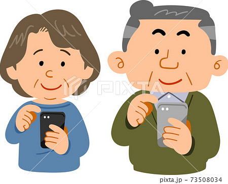 携帯電話を見るシニアの夫婦のイラスト素材