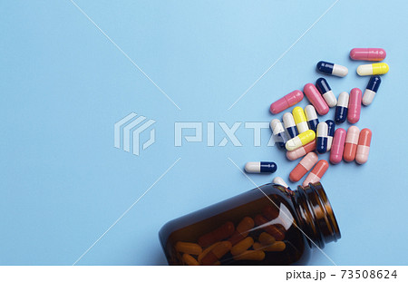 Various medicine. Different capsule and pill bottle 73508624