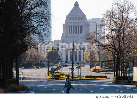 日本の東京都市景観 緊急事態宣言下の国会議事堂などを望む（赤信号…）＝1月16日（土曜日） 73508942