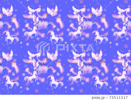 鳩とユニコーンと天使の白い羽と星が舞う夢かわいいパターンイラストのイラスト素材