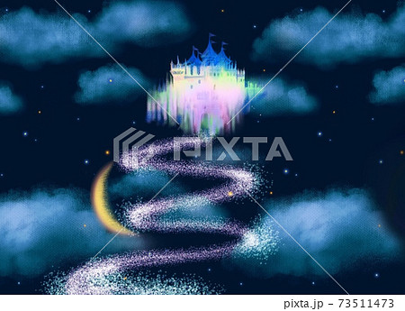 夜空と雲のうえに浮かぶカラフルな古城と輝く星と三日月の挿絵 73511473