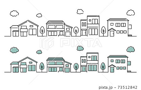 街並みのイラストのセット シンプル 町並み 家 建物 おしゃれ 背景のイラスト素材