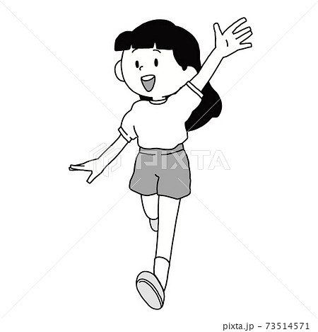 体操服を着て手をふる黒髪ロングの女の子 モノトーン のイラスト素材