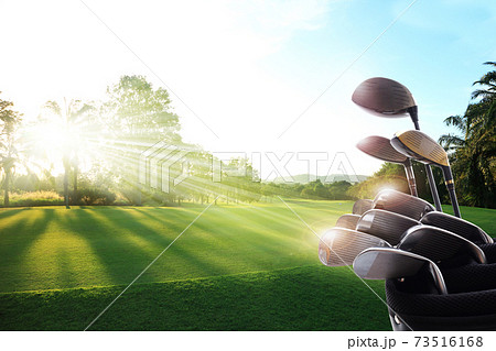 .Golf clubs drivers over beautiful golf course at the sunset, sunrise time. , morning time. .Golf clubs drivers over beautiful golf course at the sunset, sunrise time. , morning time. 73516168