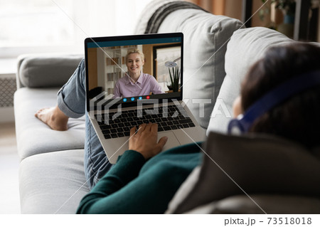 Close up of woman talk on video call on laptop Close up of woman talk on video call on laptop 73518018