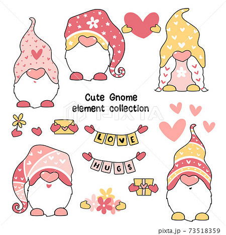 Cute Valentine Gnome in pink and yellow clip art elements set, for greeting card, printable nursery, sublemation Cute Valentine Gnome in pink and yellow clip art elements set, for greeting card, printable nursery, sublemation 73518359