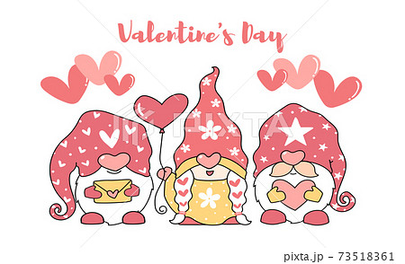 cute Valentine love gnome with love balloon and love letter, three cartoon character flat vector, Happy valentine greeting postcard printable cute Valentine love gnome with love balloon and love letter, three cartoon character flat vector, Happy valentine greeting postcard printable 73518361