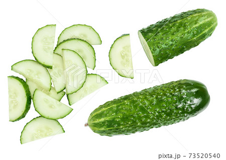 Sliced cucumber isolated on white background with clipping path and full depth of field, Top view. Flat lay 73520540