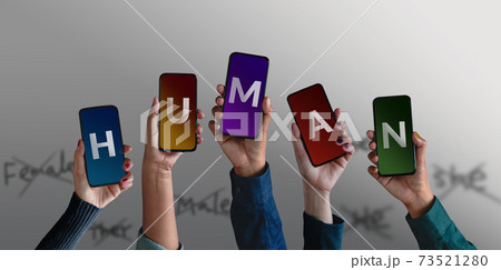 Human Concept. Group of Diversity People making Human Text on Smartphone. Power of Online Community via Social Network. do something Together 73521280