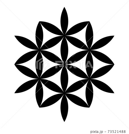 Seven stars, made from vesica piscis lens shapes. Six flower-like stars, with interlocking petals, make a seventh star. This symbol can also be derived from the flower of life. Illustration. Vector. 73521488