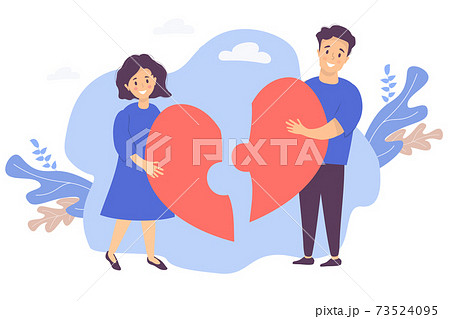 A couple puts together a puzzle of halves of the heart. A man and a woman reunite by joining two pieces into one big red heart. Vector . The concept of love, relationship recovery and family 73524095