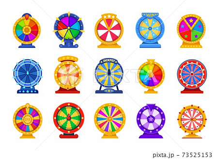 Spin wheels. Cartoon lottery circle. Fortune roulette games. Collection of rotating casino equipment for raffling prizes. Colorful twisting drums. Money win and jackpot, vector set 73525153