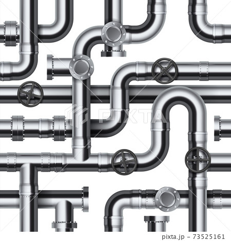 Seamless pipeline pattern. Realistic water and gas engineering plumbing system. 3D steel cylindrical tube constructions. Round valves and pipe connection with bolts, vector template Seamless pipeline pattern. Realistic water and gas engineering plumbing system. 3D steel cylindrical tube constructions. Round valves and pipe connection with bolts, vector template 73525161