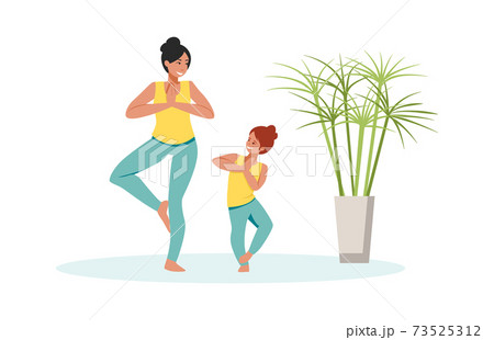 Family scenes. Mother and daughter do yoga, mom and little girl spend time together, kid doing asana and meditation, parenthood and childhood concept, cartoon vector isolated characters 73525312