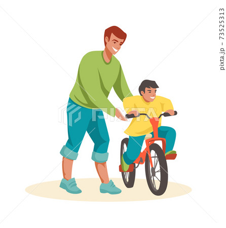 Family scenes. Dad teaches son to ride bike, father and little boy spend time together outdoors, kid riding bicycle, parenthood and childhood concept, cartoon vector isolated characters 73525313