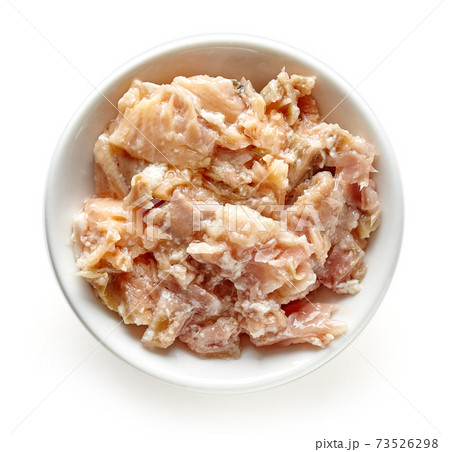Bowl of canned salmon isolated on white, from above 73526298