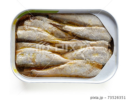 Open can of sardines isolated on white, from above Open can of sardines isolated on white, from above 73526351