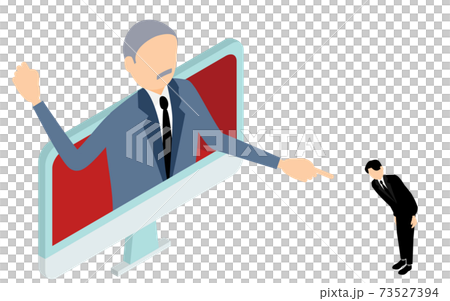 モニターの中から身を乗り出して怒る上司と謝る部下 アイソメトリックのイラスト素材