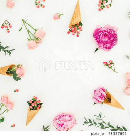 Floral pattern with peonies, roses, eucalyptus, waffle cones on white background. Flat lay Floral pattern with peonies, roses, eucalyptus, waffle cones on white background. Flat lay 73527695