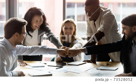 Happy young and older multiracial business people showing team spirit. 73528052