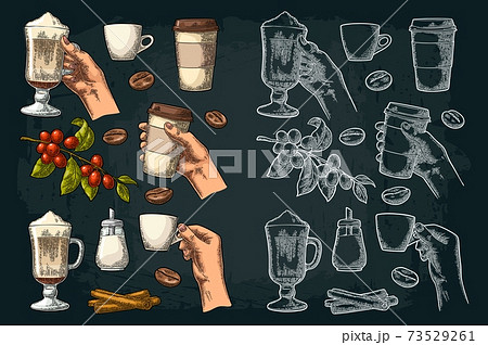 Set coffee. Glass latte, hand hold cup. Branch with beans Set coffee. Glass latte, hand hold cup. Branch with beans 73529261