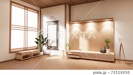 wooden cabinet in modern empty room and white wall on white floor room japanese style. 3d rendering wooden cabinet in modern empty room and white wall on white floor room japanese style. 3d rendering 73529350