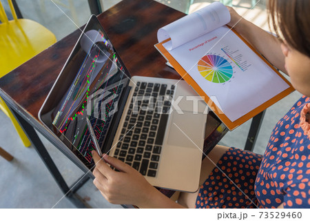 Female financial accountant working on laptop and pie chart data 73529460