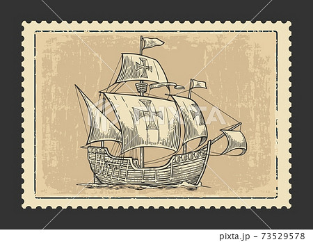 Sailing ship floating on the sea waves. 73529578