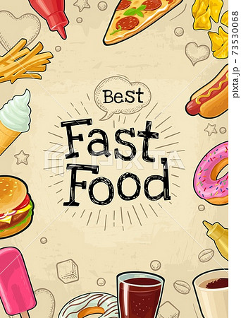 Poster fast food. Vector color flat illustration on dark background Poster fast food. Vector color flat illustration on dark background 73530068