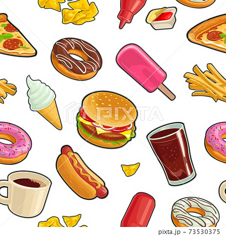 Seamless pattern fast food. Cup cola, coffee, donut, ice cream Seamless pattern fast food. Cup cola, coffee, donut, ice cream 73530375