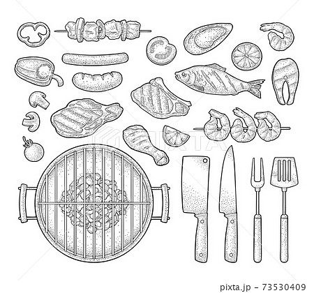 Barbecue grill top view charcoal, kebab, mushroom, tomato, pepper, steak 73530409