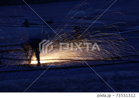 worker making repairs at night on metal rails 73531312