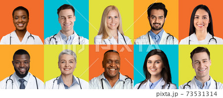 Portraits Of Multiethnic Successful Doctors Over Different Colorful Backgrounds, Collage 73531314