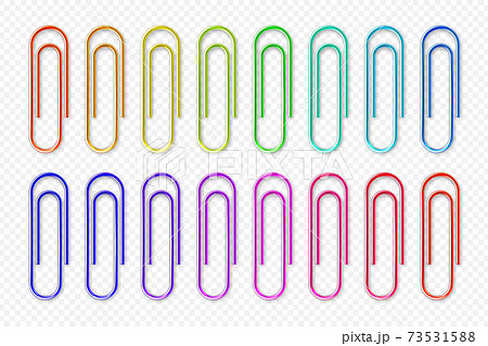 Realistic colorful metal paper clips on checkered background. Page holder, binder. Vector Realistic colorful metal paper clips on checkered background. Page holder, binder. Vector 73531588