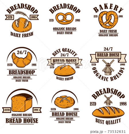 Set of bakery, bread shop emblems. Design element for poster, logo, label, sign. Set of bakery, bread shop emblems. Design element for poster, logo, label, sign. 73532631