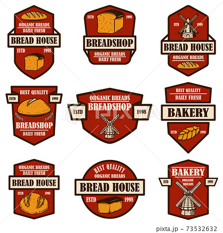 Set of bakery, bread shop emblems. Design element for logo, label, sign, banner, poster. Set of bakery, bread shop emblems. Design element for logo, label, sign, banner, poster. 73532632