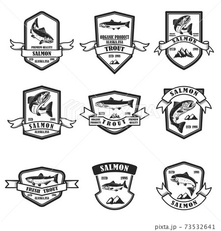 Set of salmon and trout emblems. Design element for logo, label, sign, poster, banner. 73532641