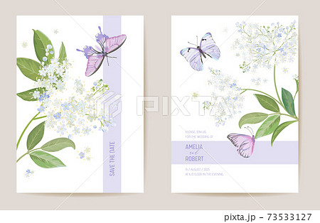 Watercolor elderberry floral wedding card. Vector white spring flowers invitation. Boho template frame Watercolor elderberry floral wedding card. Vector white spring flowers invitation. Boho template frame 73533127