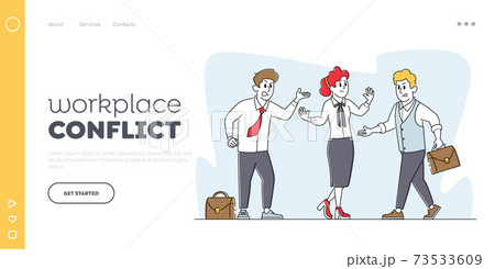 Conflict in Office Landing Page Template. Businesswoman Character Mediator Stop Arguing Businessmen. Disagreement 73533609