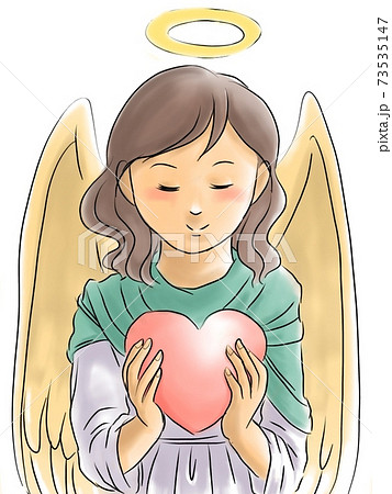 ハートを両手で優しく持つ女の子の天使のイラスト素材