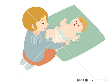 赤ちゃんのおむつ交換をする女性のイラストのイラスト素材