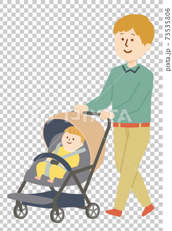 ベビーカーに乗った赤ちゃんと男性のイラストのイラスト素材