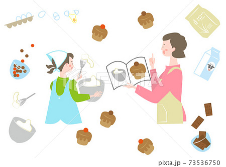 お菓子づくりをする女の子と女性のイラスト素材